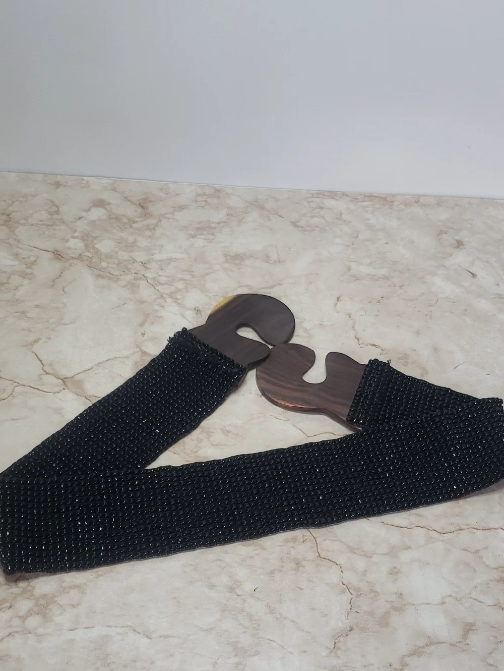 Black Stretch Woven Beaded Belt with Wood-Tone Buckle